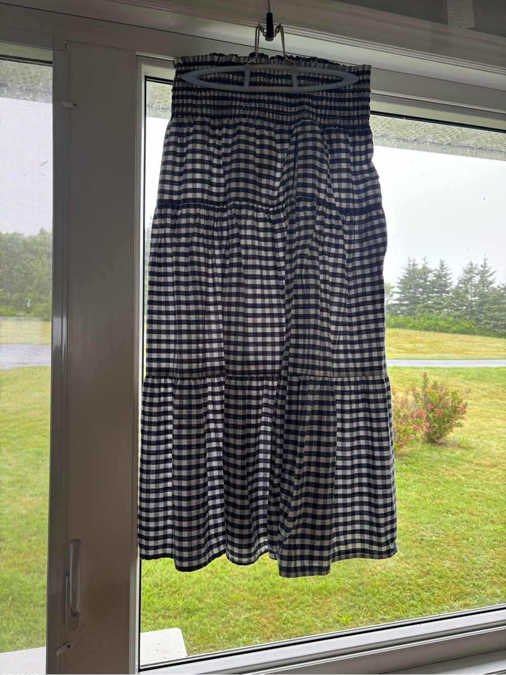 Gingham  100% cotton Tiered Maxi Skirt - Navy/White